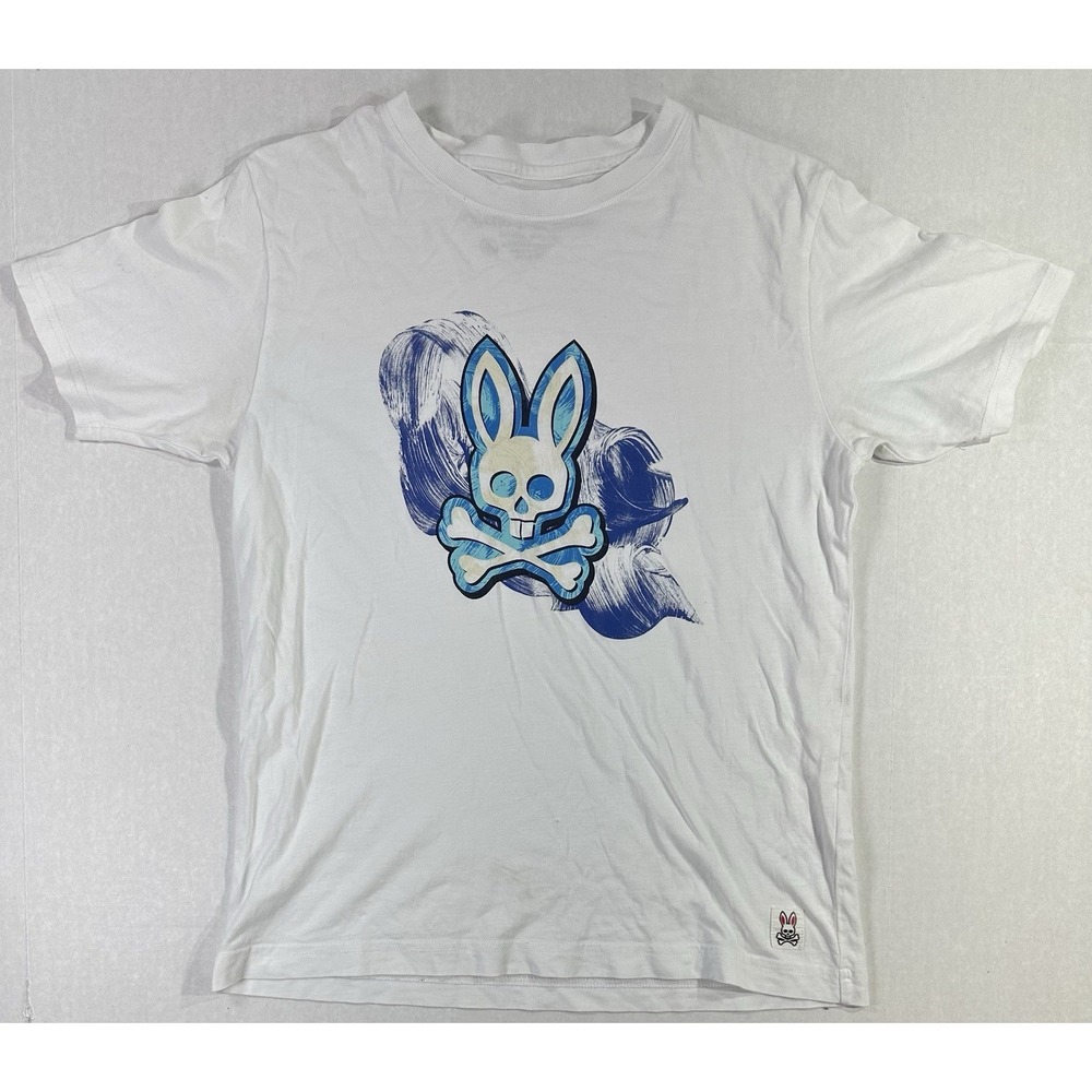 Psycho Bunny Juniors XL Graphic T-Shirt Blue Skull Bunny Logo White Tee